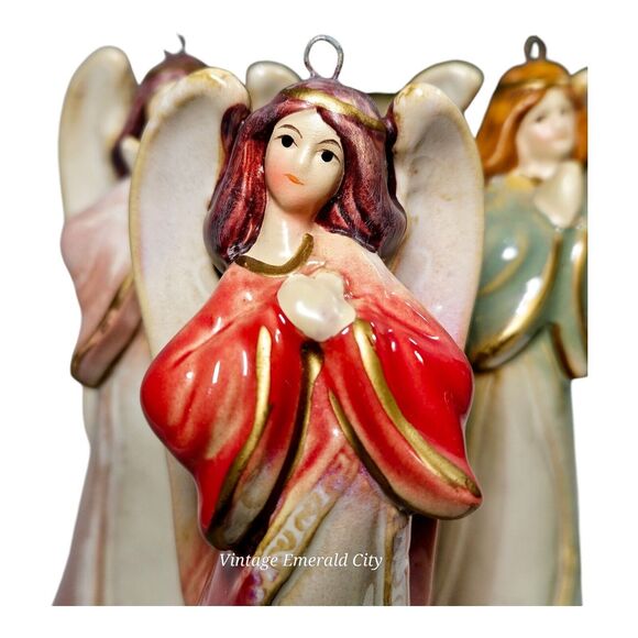 Lot 3 Vtg Ceramic Christmas Angel Bell Tree Ornaments Singing Choir Glazed Set - Picture 10 of 11